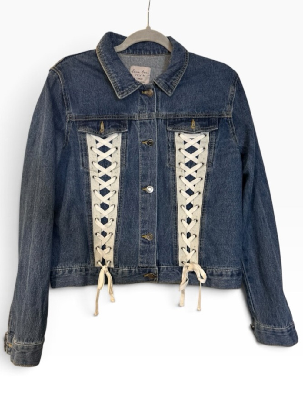 Love Tree Denim Jacket Lace Up Corset Detail Medium Wash Jean Jacket Large